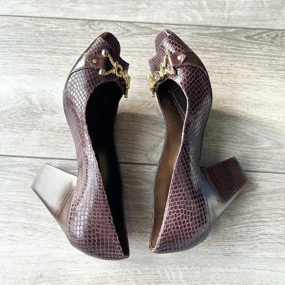 Santa Lolla Wine Snakeskin Embossed Leather Open Toe Pumps - Picture 9 of 12